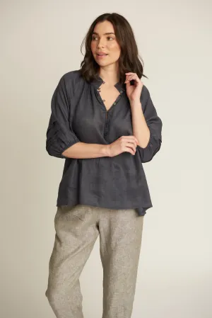 100% Linen 3/4 Pleated Sleeve Shirt Navy