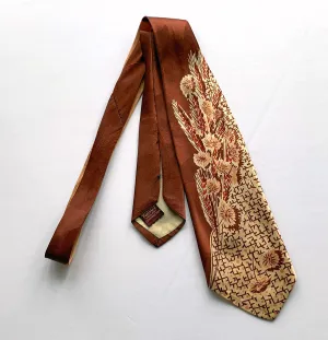 40s Necktie Brown & Cream Vintage Autumn Wheat Spidery Floral Print VFG Selected Fabrics Resilient Construction