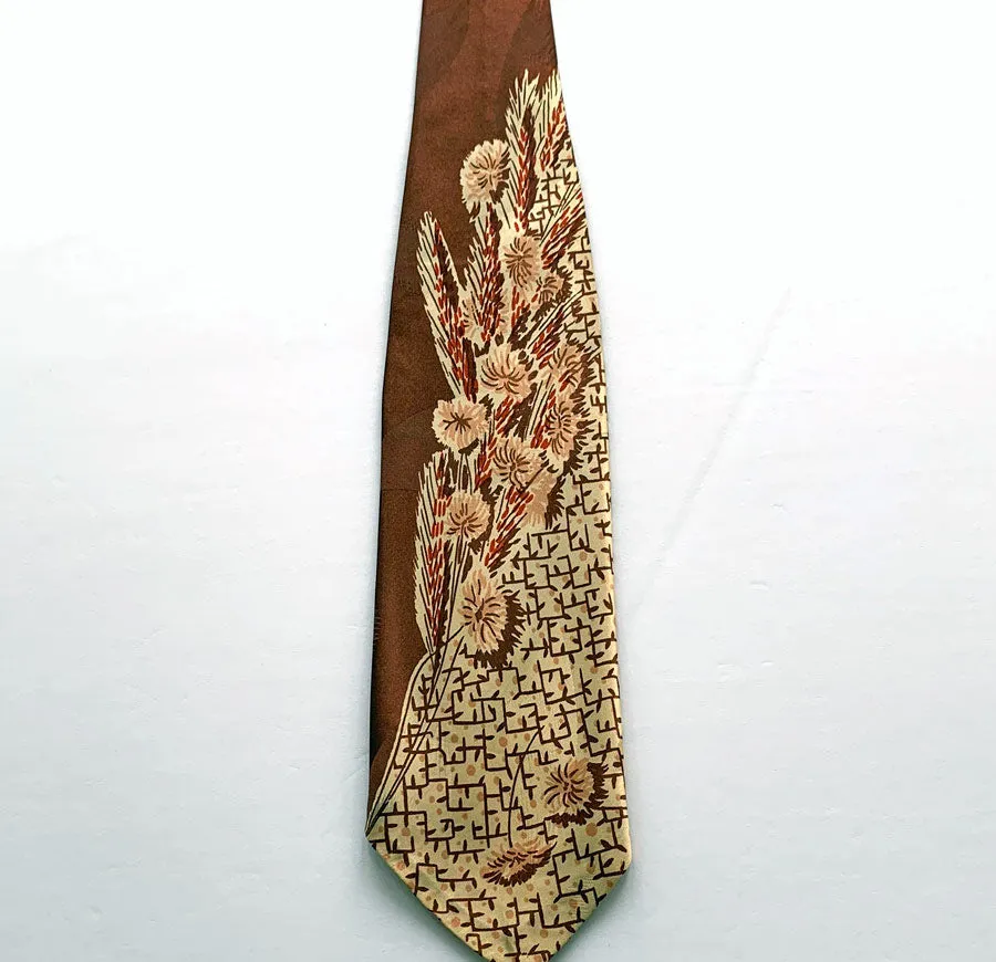 40s Necktie Brown & Cream Vintage Autumn Wheat Spidery Floral Print VFG Selected Fabrics Resilient Construction