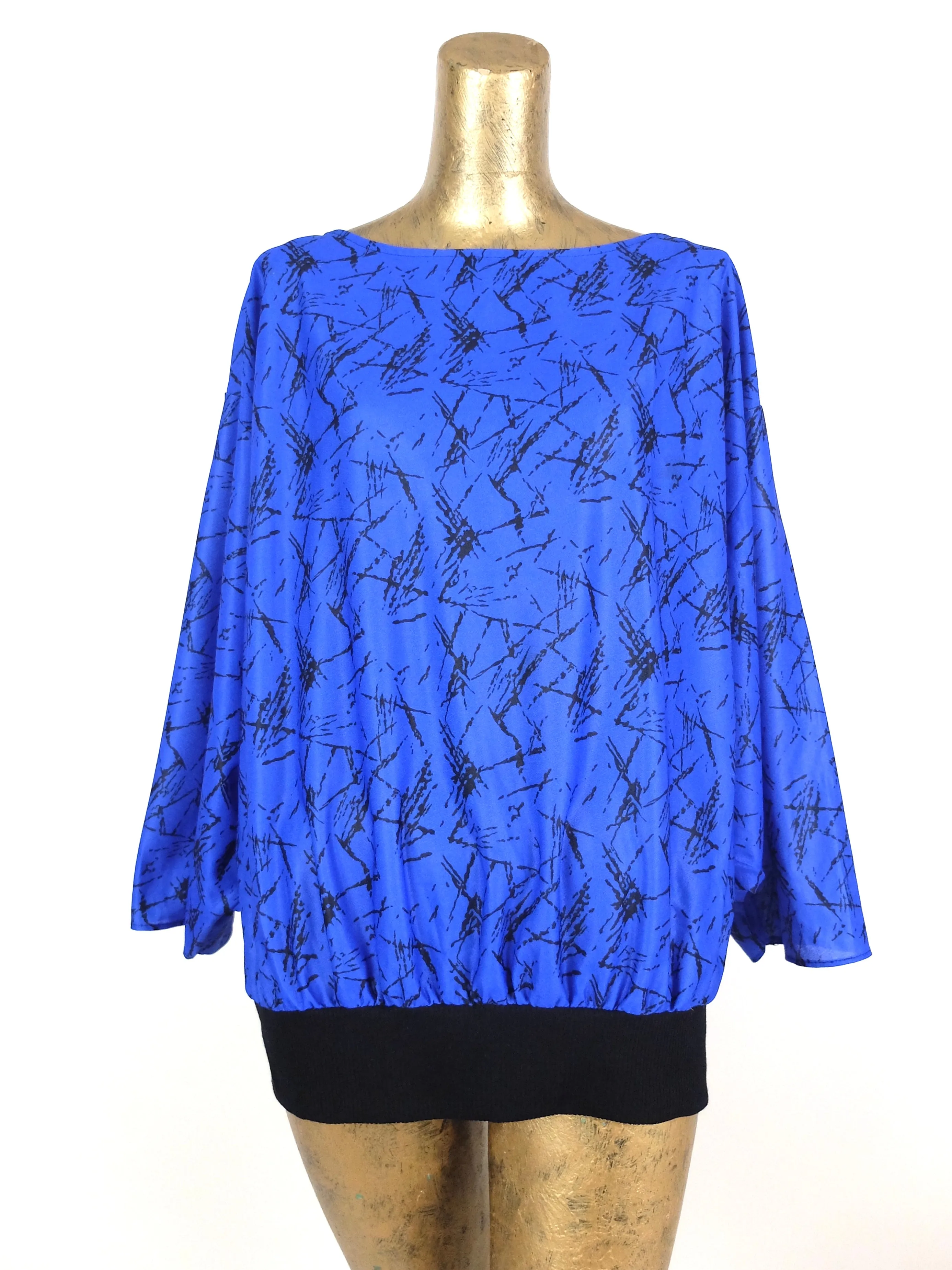 70s Bright Royal Blue Abstract Lines Flowy Long Sleeve Pullover Blouse with Elasticated Waist