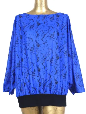 70s Bright Royal Blue Abstract Lines Flowy Long Sleeve Pullover Blouse with Elasticated Waist