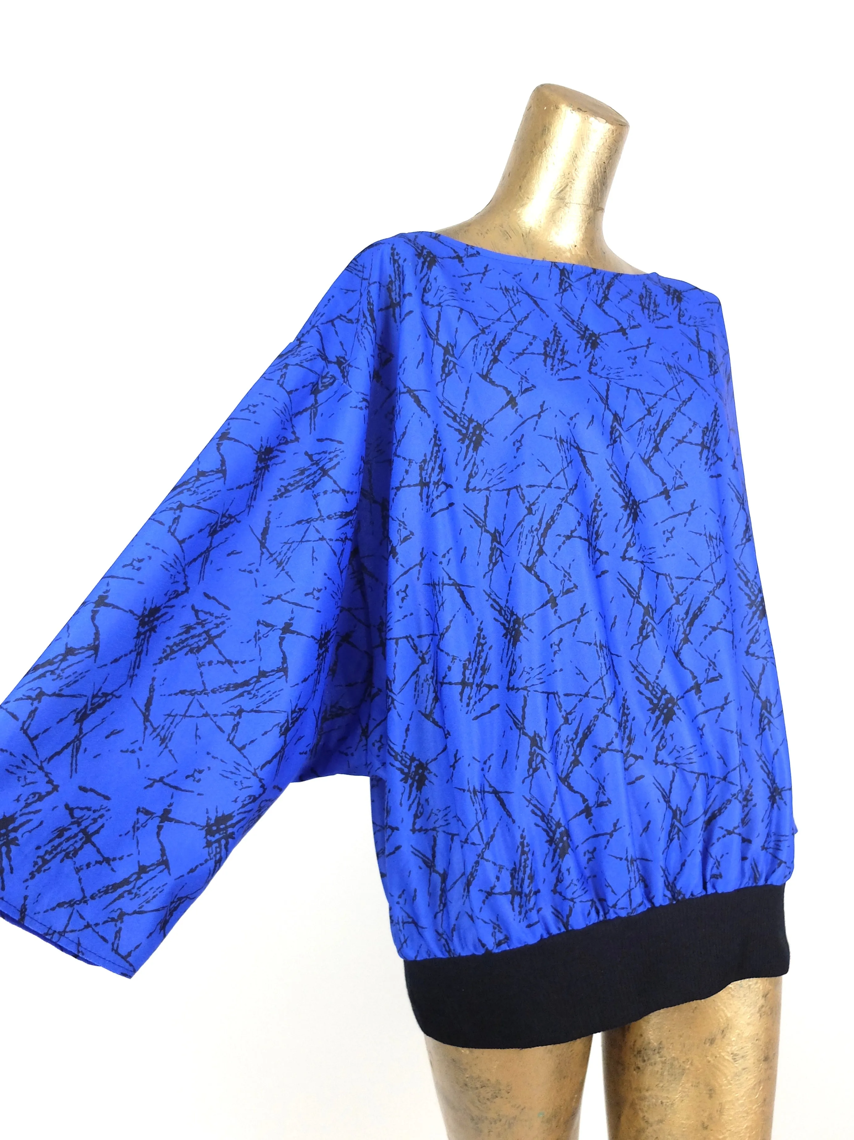 70s Bright Royal Blue Abstract Lines Flowy Long Sleeve Pullover Blouse with Elasticated Waist