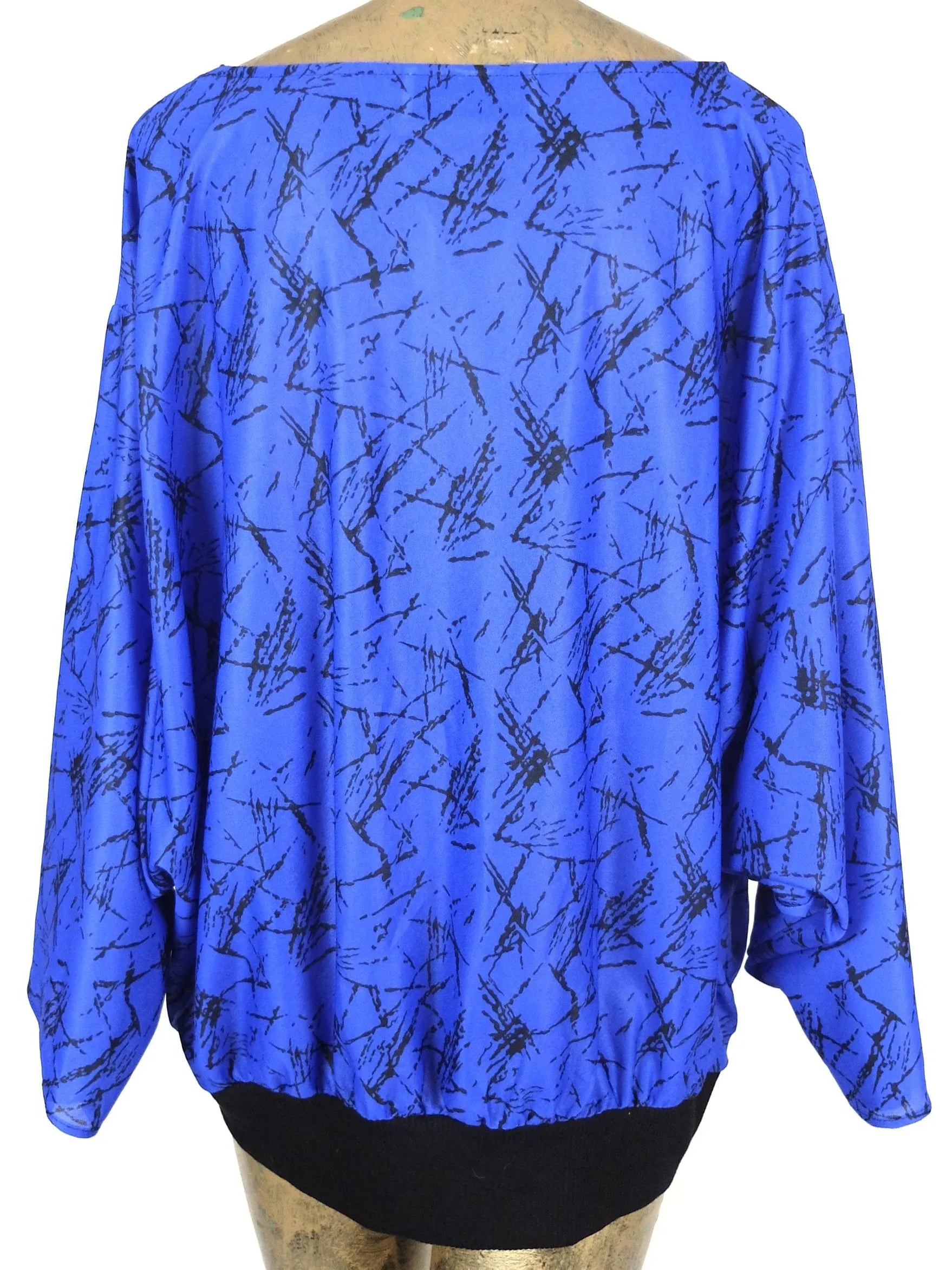 70s Bright Royal Blue Abstract Lines Flowy Long Sleeve Pullover Blouse with Elasticated Waist