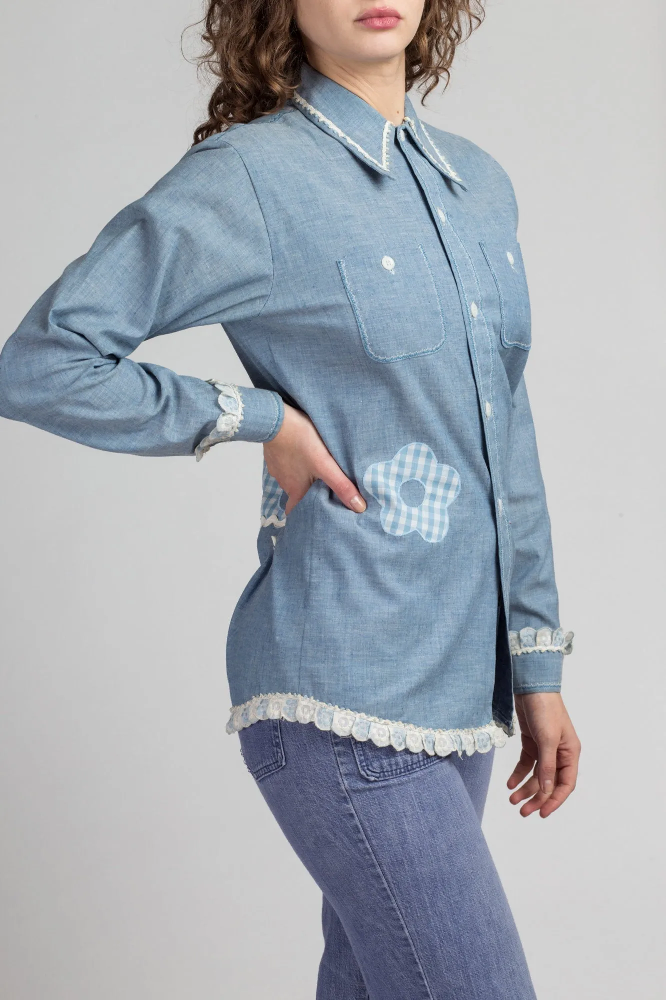 70s Chambray Whale Patchwork Shirt - Small