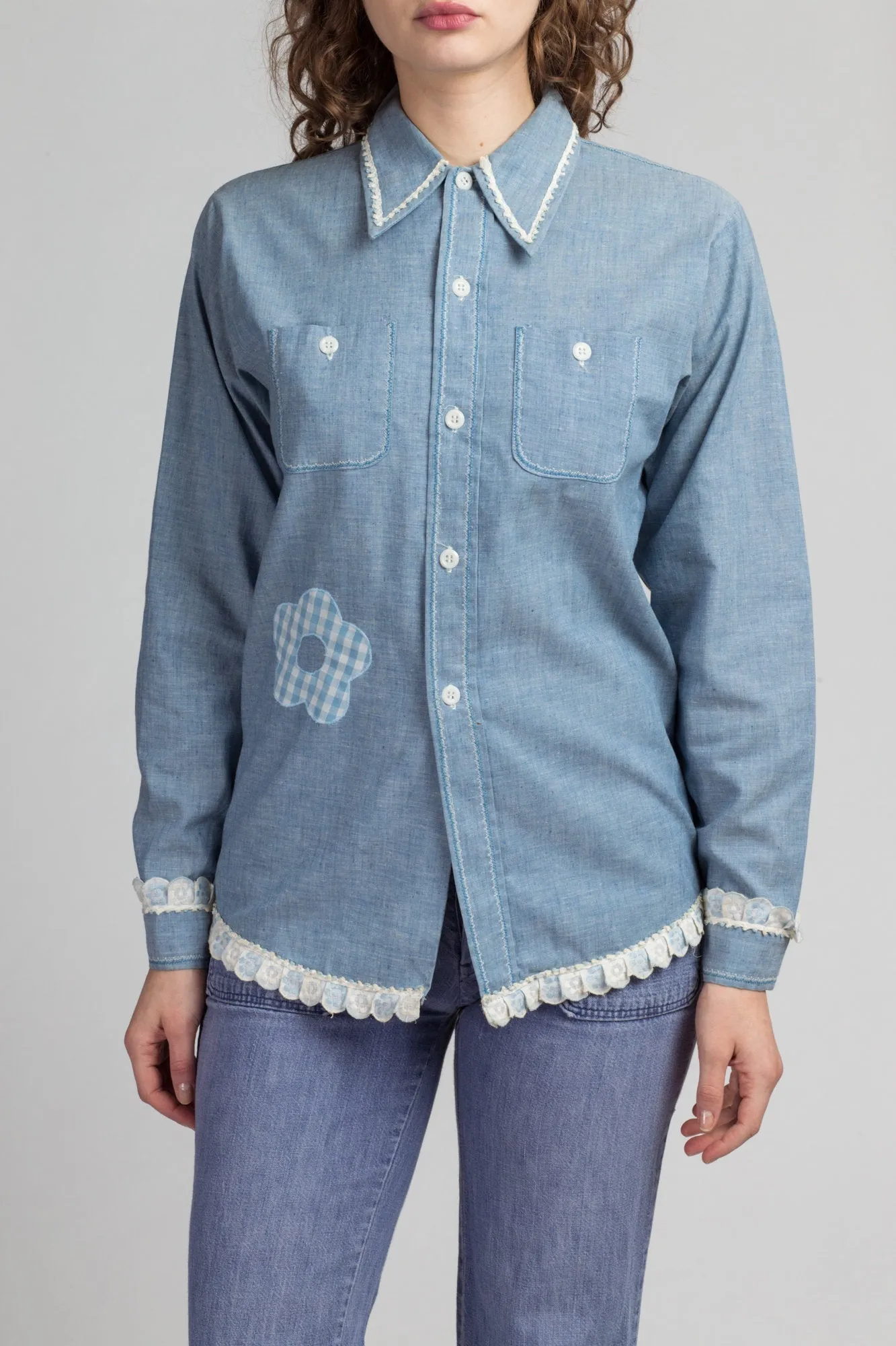 70s Chambray Whale Patchwork Shirt - Small