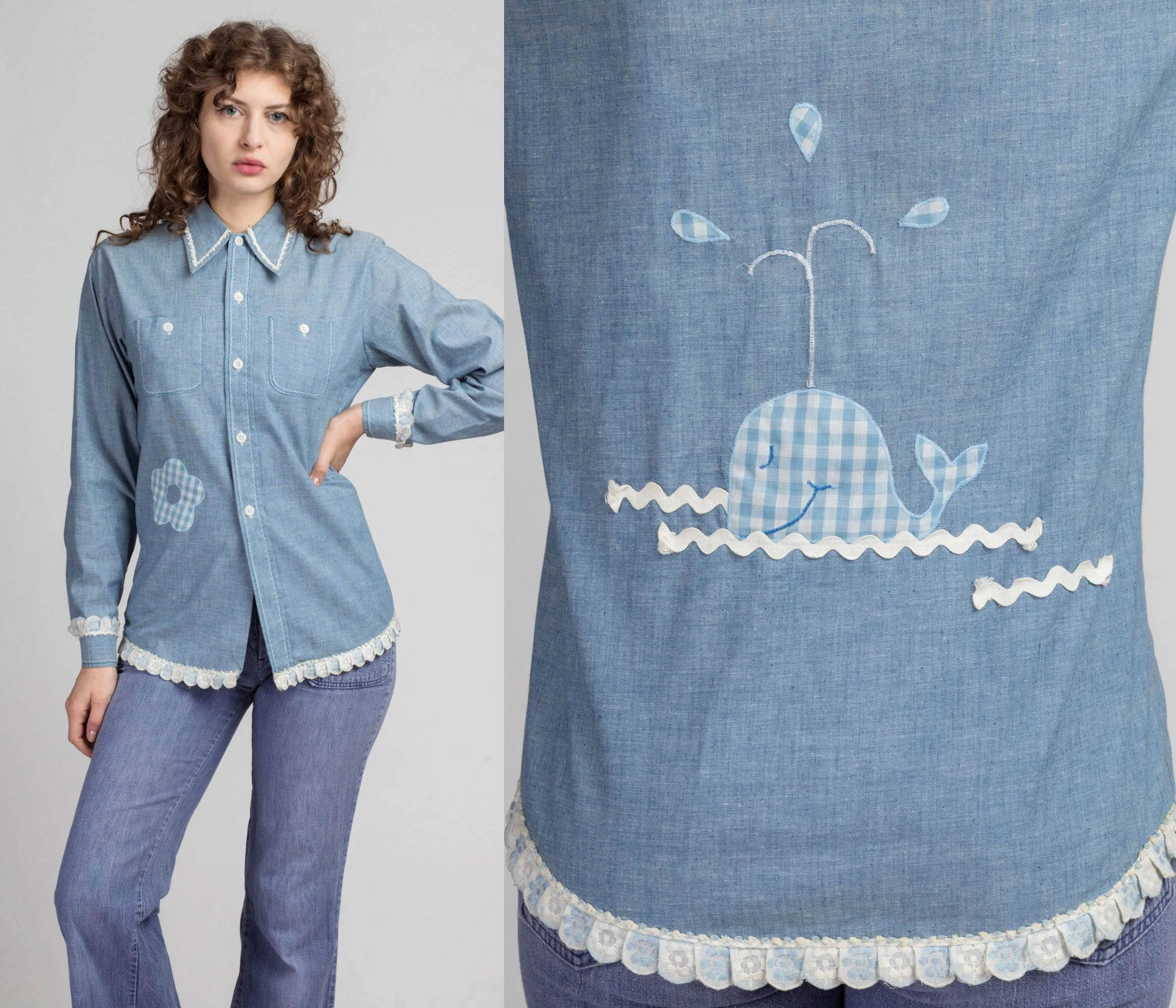 70s Chambray Whale Patchwork Shirt - Small