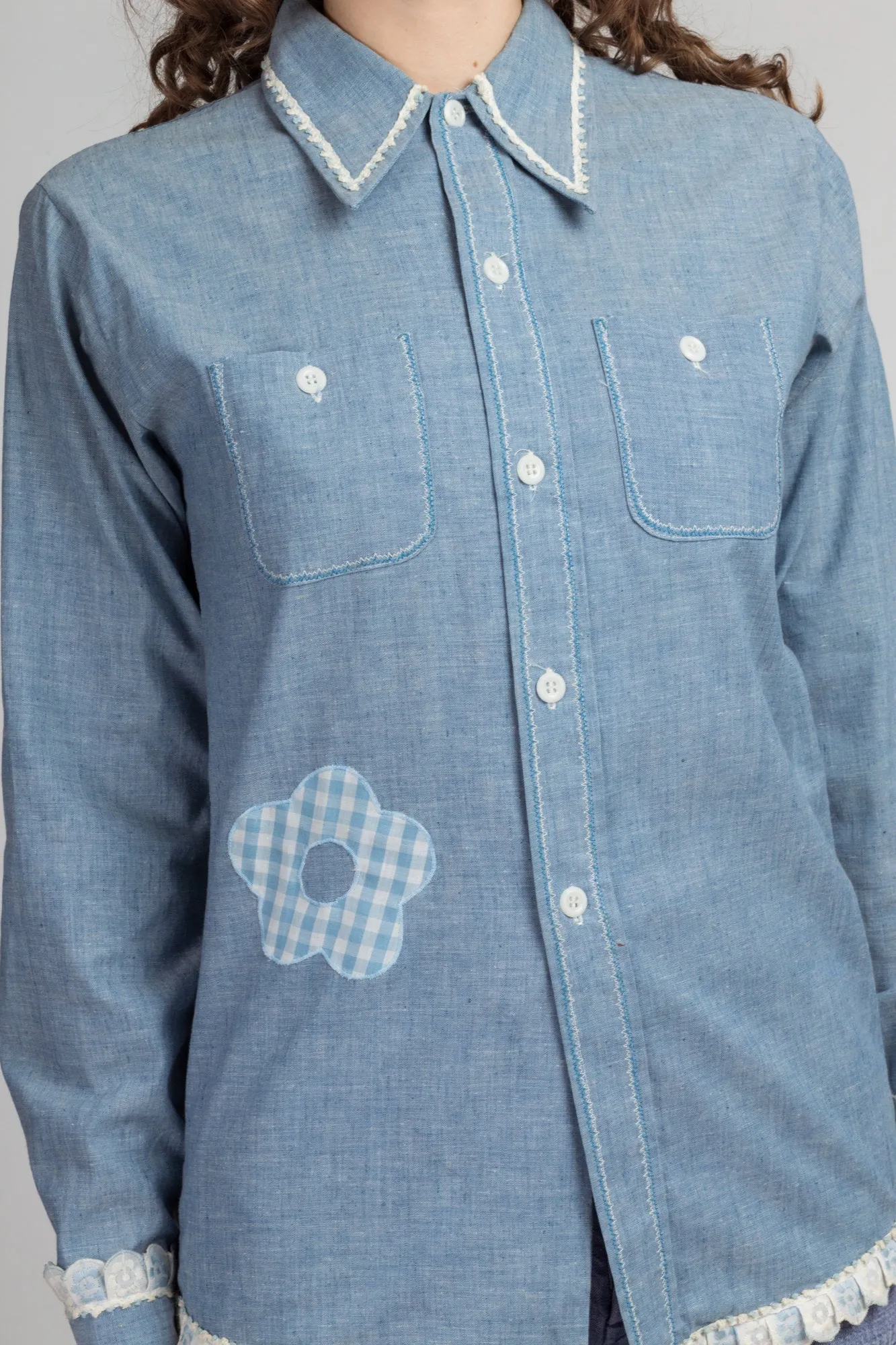 70s Chambray Whale Patchwork Shirt - Small