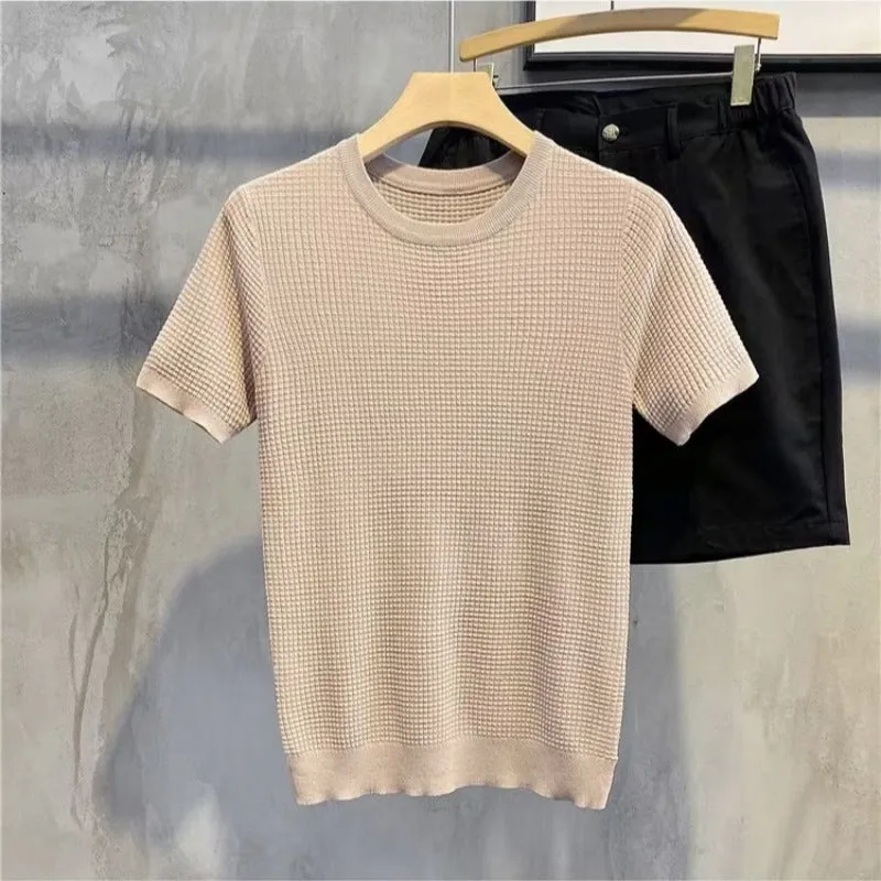 Advbridge men fall outfits Fashionable New Striped Ice Silk Short-Sleeved T-shirt Casual Simple Slim Men's Top Clothes Trendy Sweater