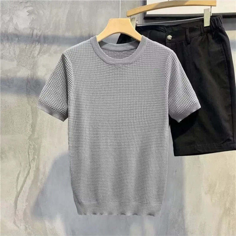 Advbridge men fall outfits Fashionable New Striped Ice Silk Short-Sleeved T-shirt Casual Simple Slim Men's Top Clothes Trendy Sweater