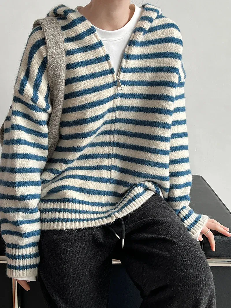 Amozae-Autumn Casual Outfits Amozae-Women's Striped Hooded Cardigan, Double Zipper, Loose Knit Top, Autumn and Winter Jacket, New, 2024