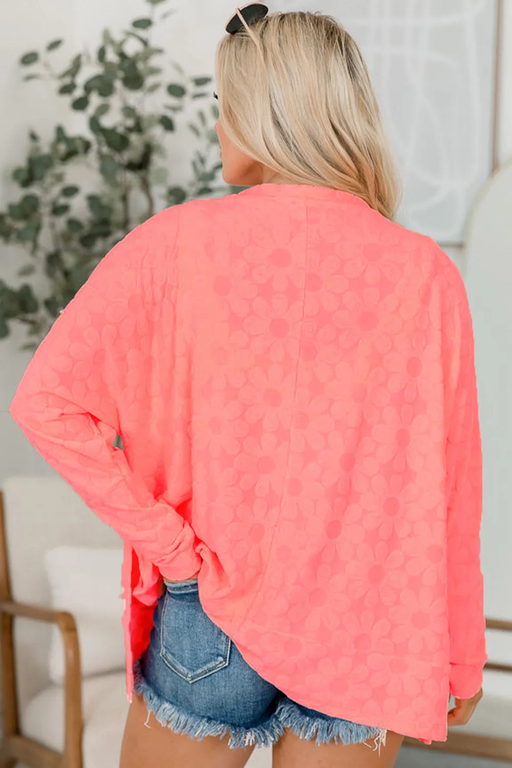 Apricot Pink Oversized Floral Jacquard V Neck Long Sleeve Top