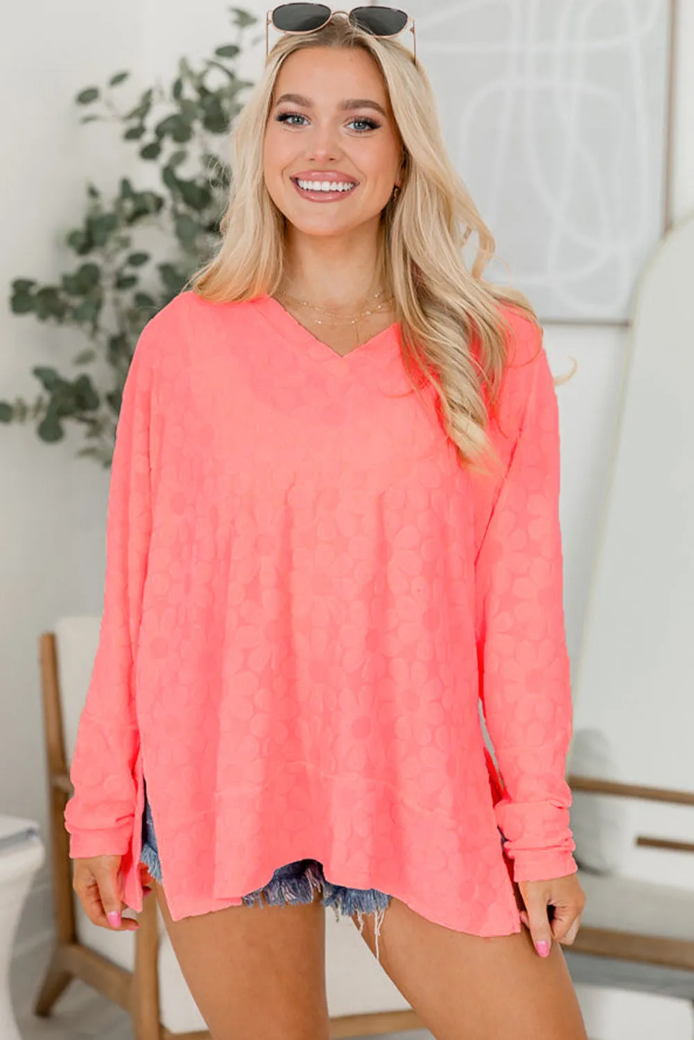 Apricot Pink Oversized Floral Jacquard V Neck Long Sleeve Top