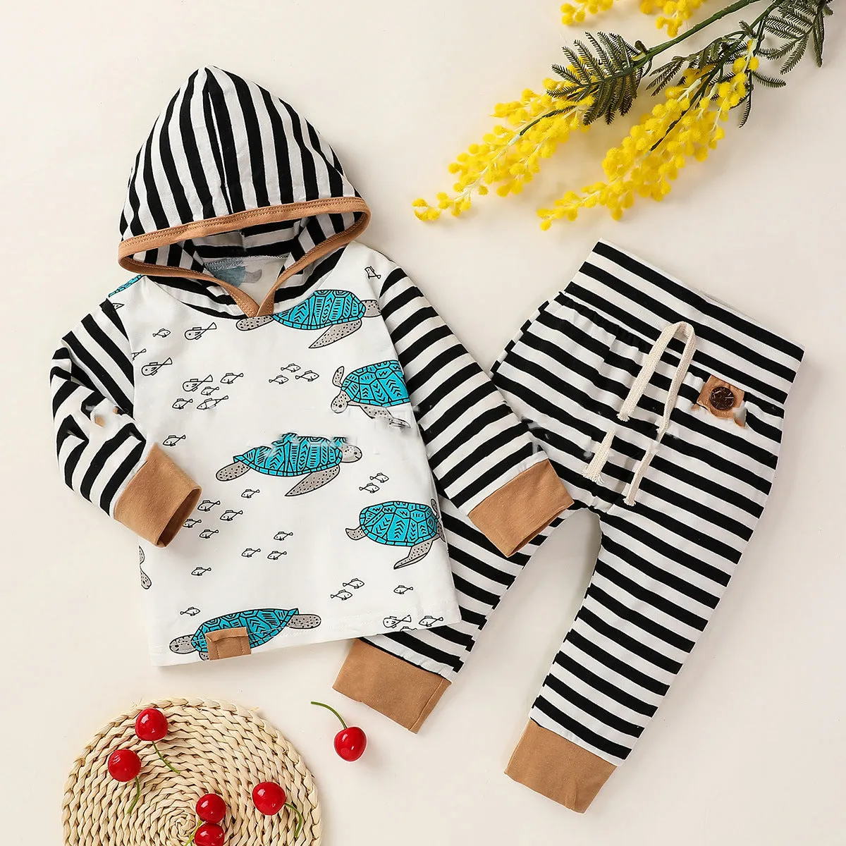 Baby Top Turtle Hooded Print Striped Pants