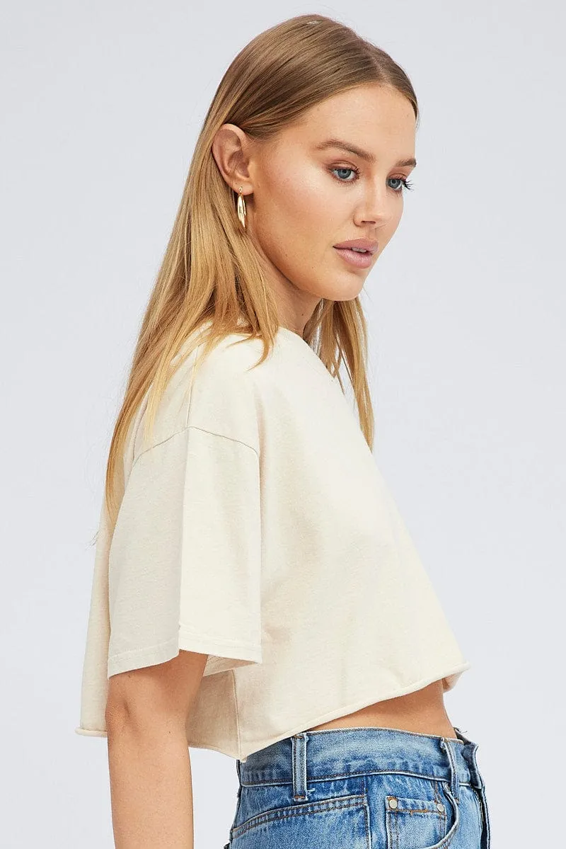 Beige Graphic Tee Short Sleeve Crop Crew Neck