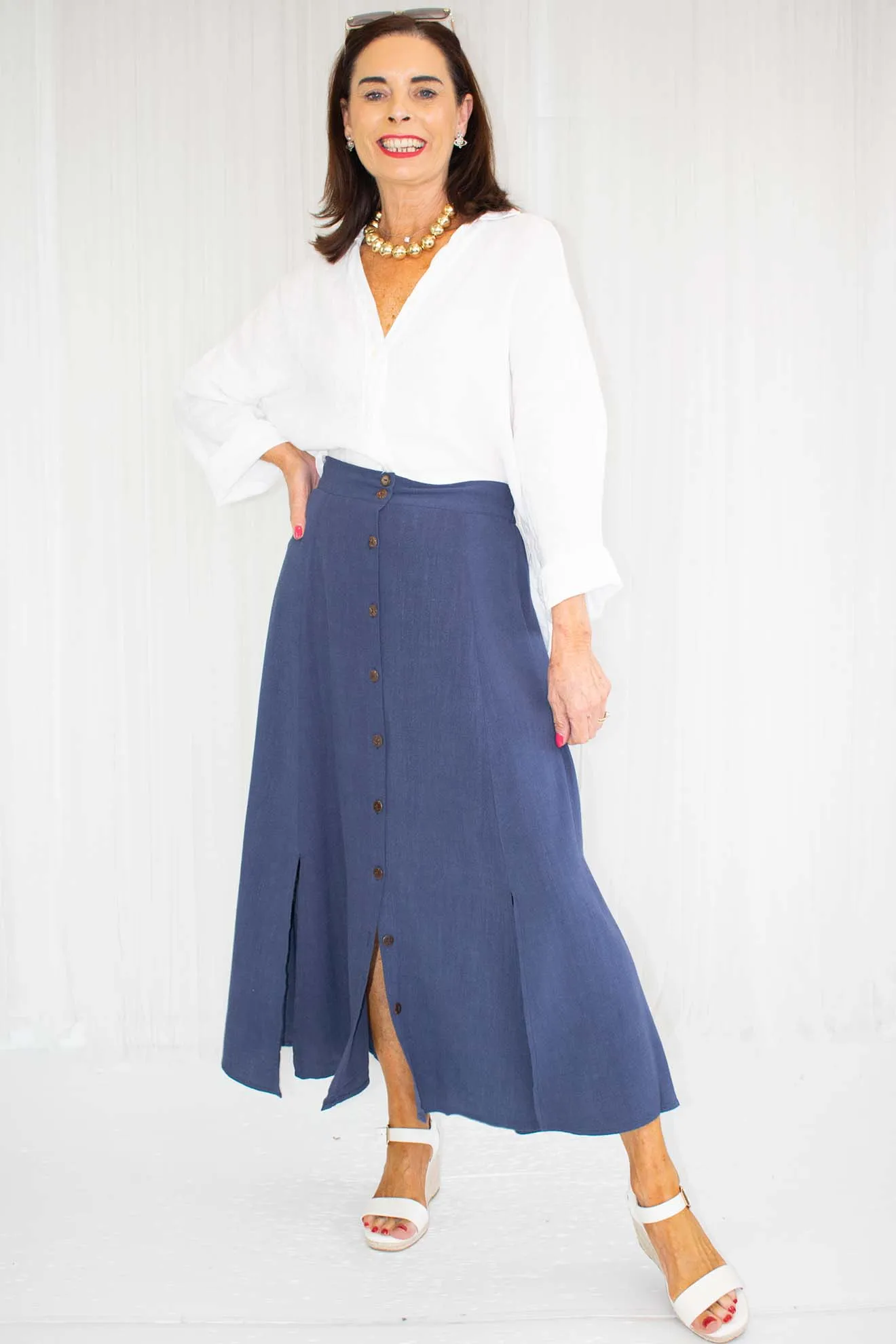 Belinda Button Through Skirt in French Navy