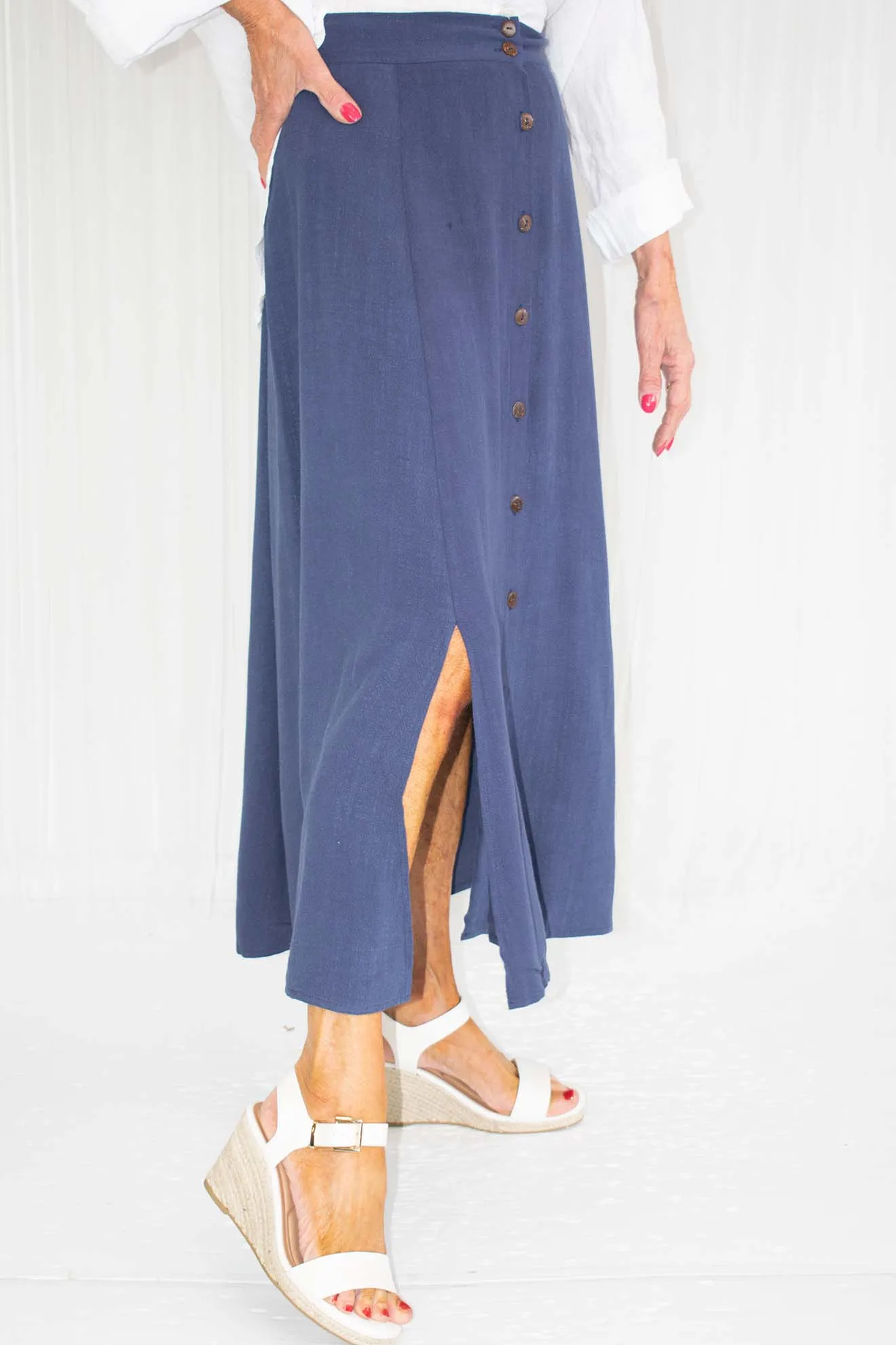 Belinda Button Through Skirt in French Navy