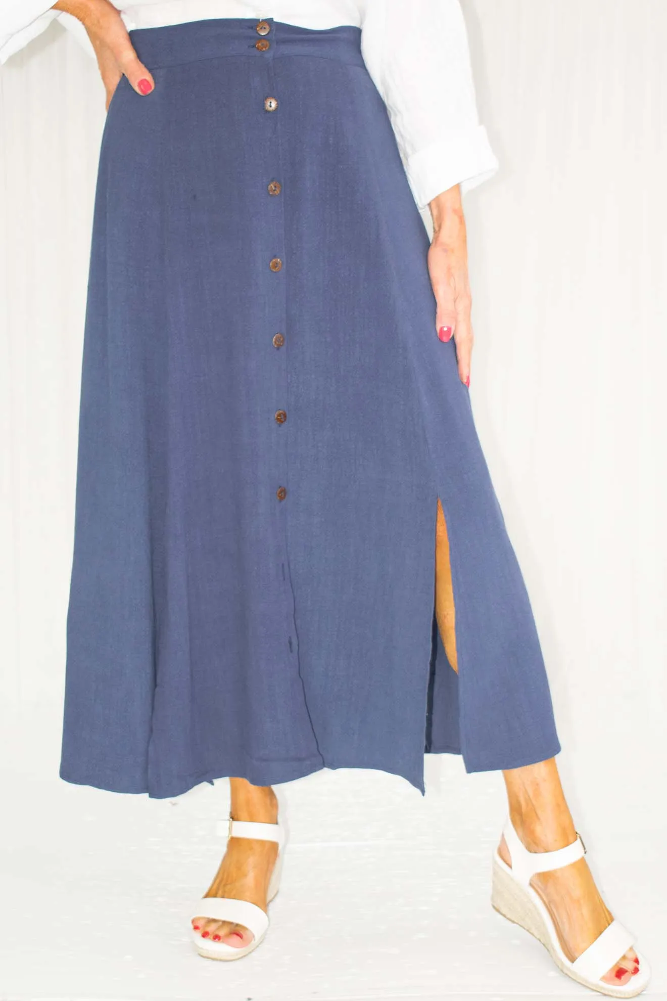 Belinda Button Through Skirt in French Navy