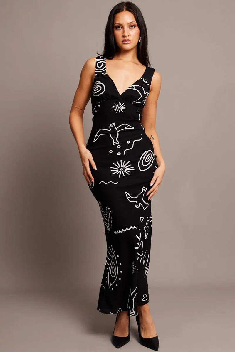 Black Abstract Maxi Dress Plunge V Neck Dress