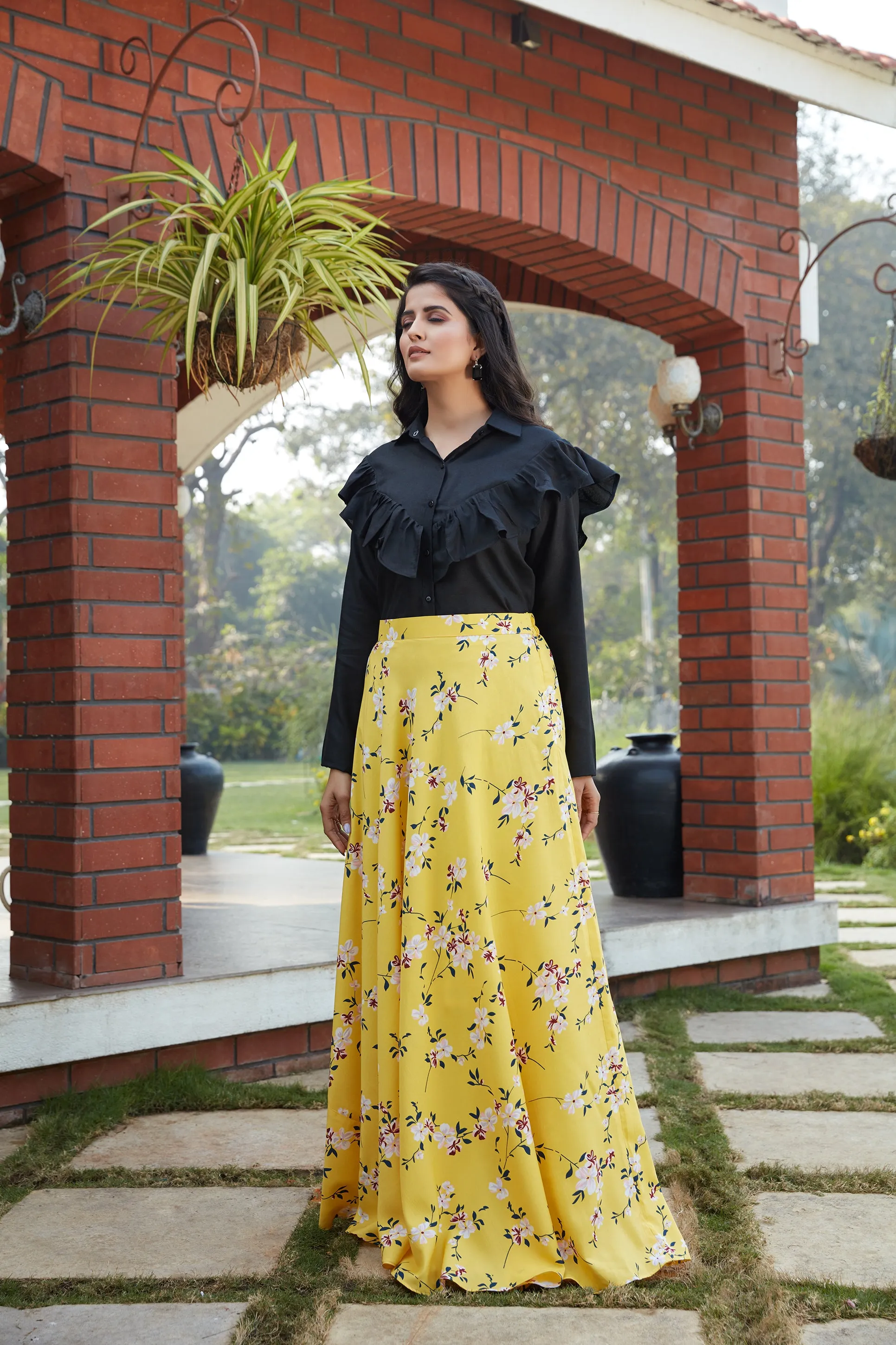 Black Cotton Fancy Shirt Style Top With Floral Printed Skirt