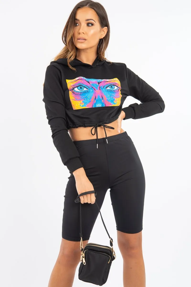 Black Elasticated Cropped Hoodie with Graphic Print - Montanna