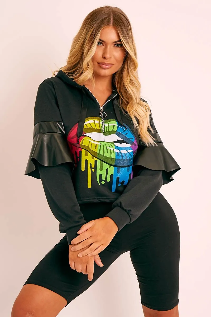 Black Graphic Frill Sleeve Hoodie - Ileigh