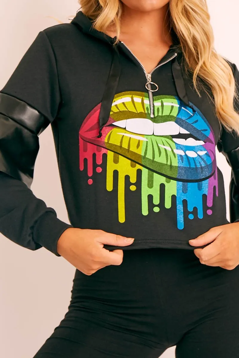 Black Graphic Frill Sleeve Hoodie - Ileigh