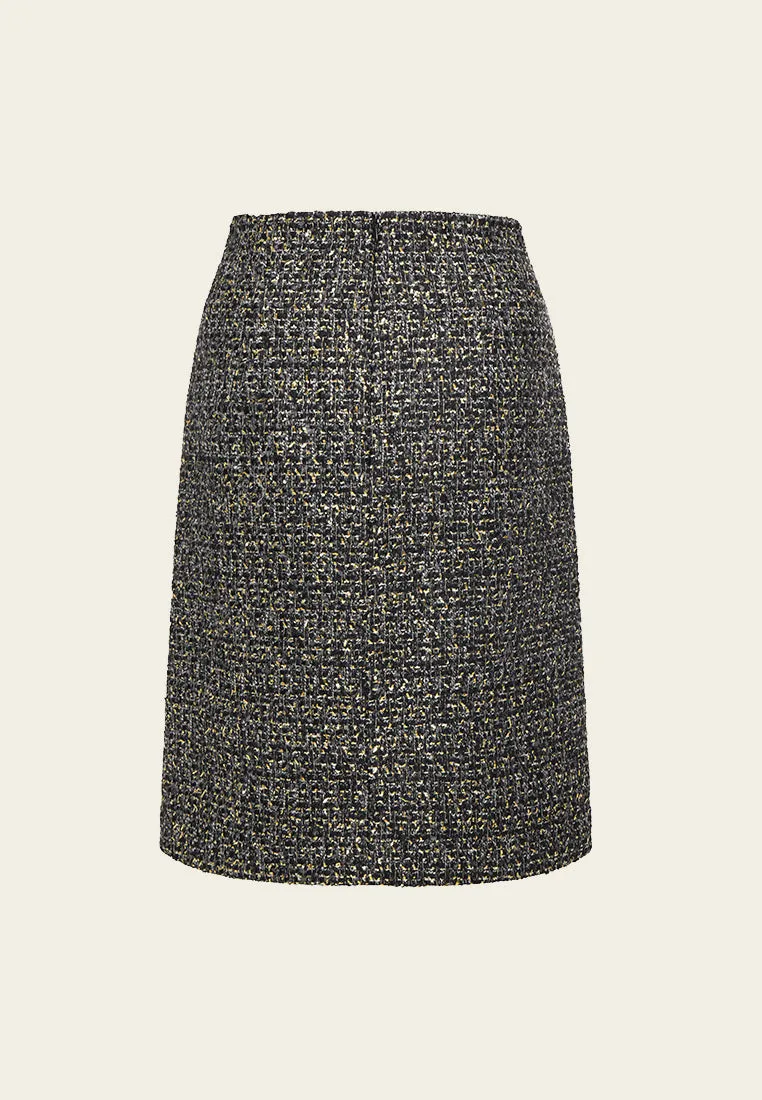 Black Lurex Tweed Front Slit Midi Skirt