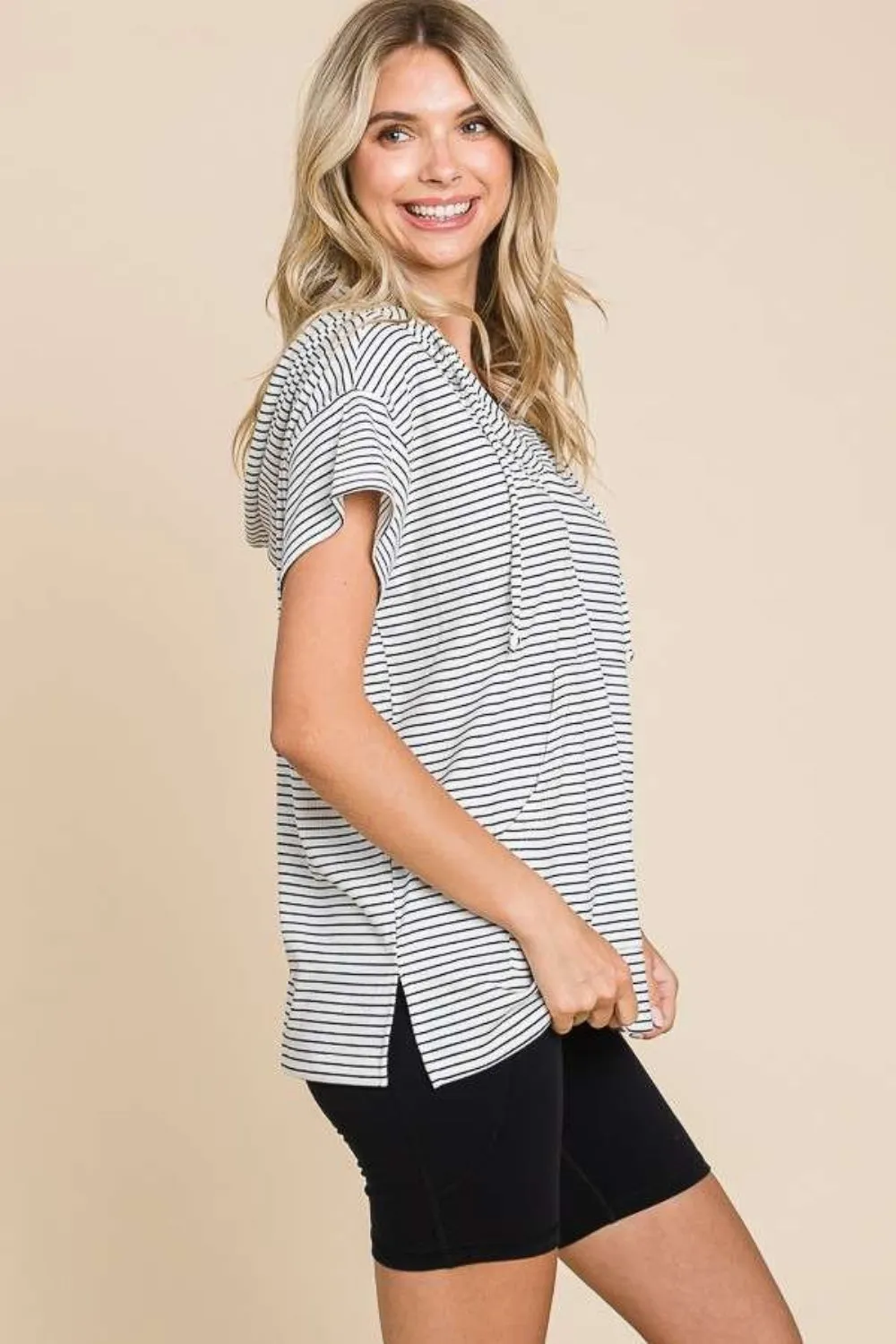 Black Striped Short Sleeve Hooded Top