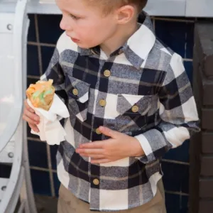 Boy White Plaid Long Sleeve Flannel Shirts with Pockets