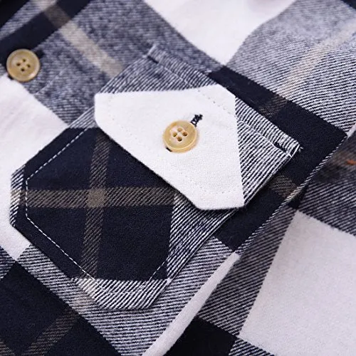 Boy White Plaid Long Sleeve Flannel Shirts with Pockets