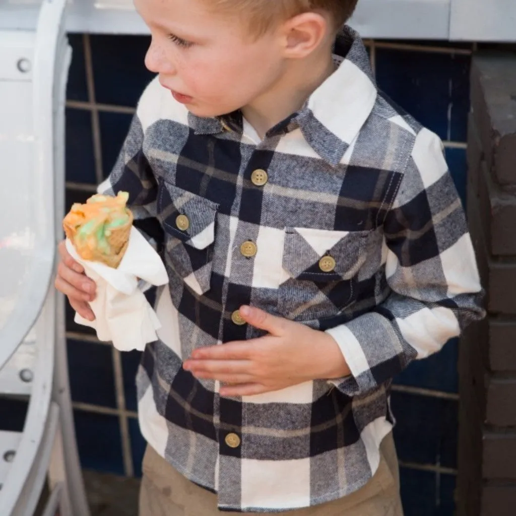 Boy White Plaid Long Sleeve Flannel Shirts with Pockets