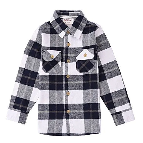 Boy White Plaid Long Sleeve Flannel Shirts with Pockets