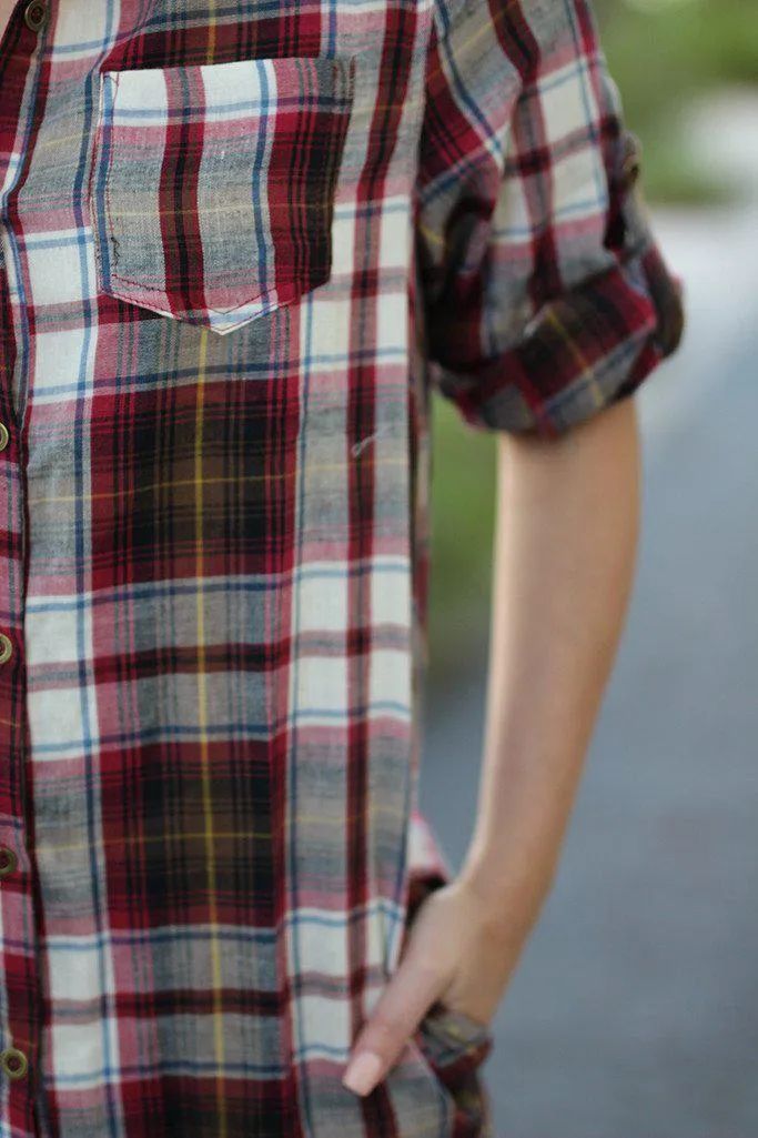 Burgundy Plaid Shirt Dress with Pockets