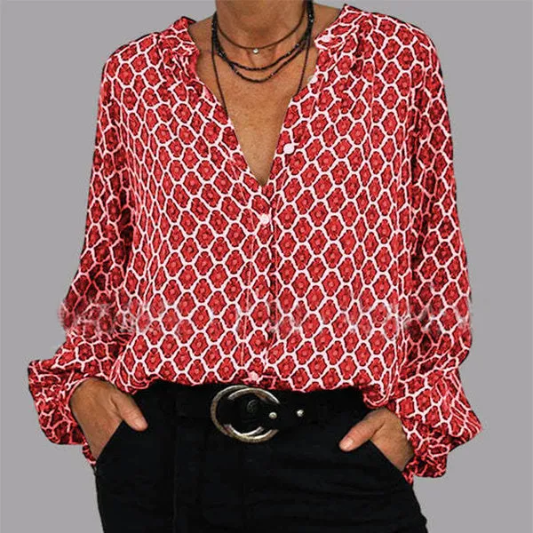 Camicia a V con Stampa a Diamante: Top Casual a Maniche Lunghe per Donne