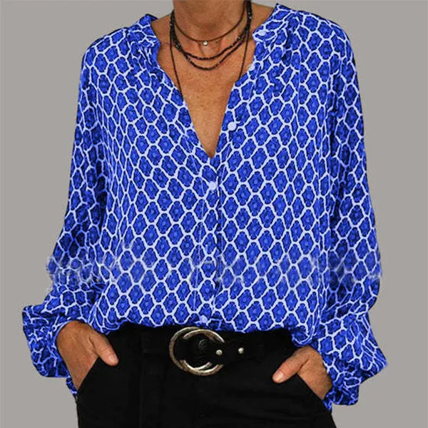 Camicia a V con Stampa a Diamante: Top Casual a Maniche Lunghe per Donne