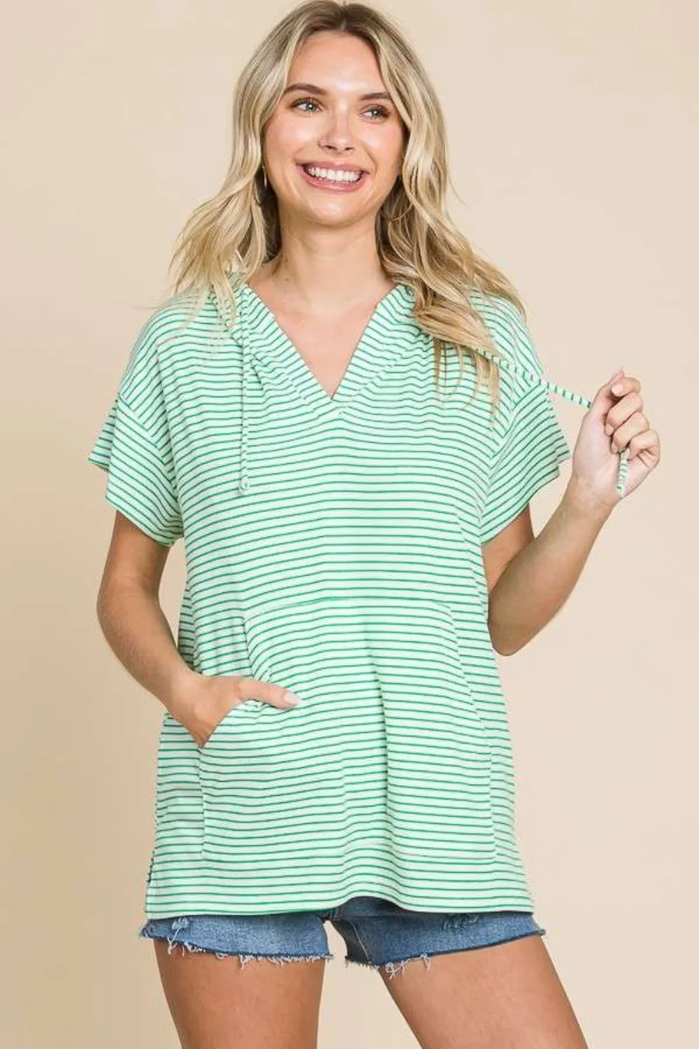 Candy Green Striped Short Sleeve Hooded Top