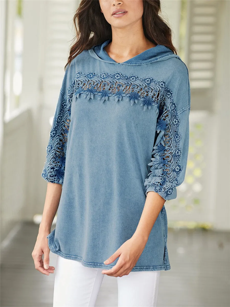 Casual Loose Lace Hooded Soft Tee Top