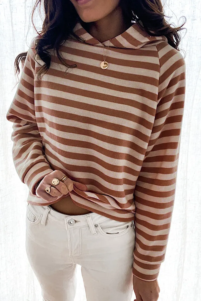 Casual Striped Patchwork Hooded Collar Tops(3 colors)