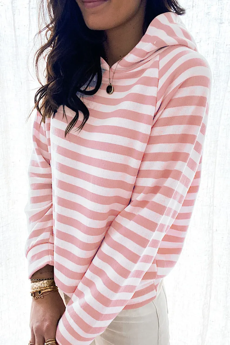 Casual Striped Patchwork Hooded Collar Tops(3 colors)