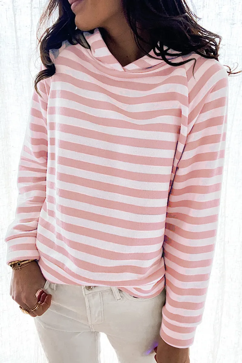 Casual Striped Patchwork Hooded Collar Tops(3 colors)