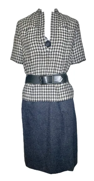 Christian Dior by Marc Bohan S/S 1962 Haute Couture Houndstooth Wool Dress with Belt, Documented