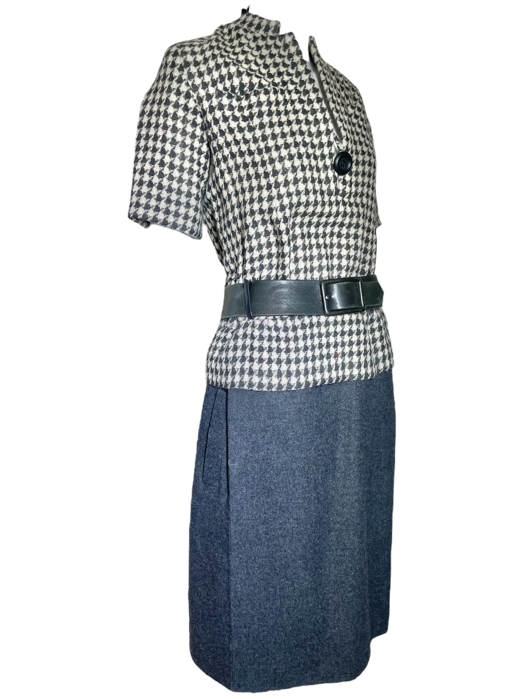 Christian Dior by Marc Bohan S/S 1962 Haute Couture Houndstooth Wool Dress with Belt, Documented