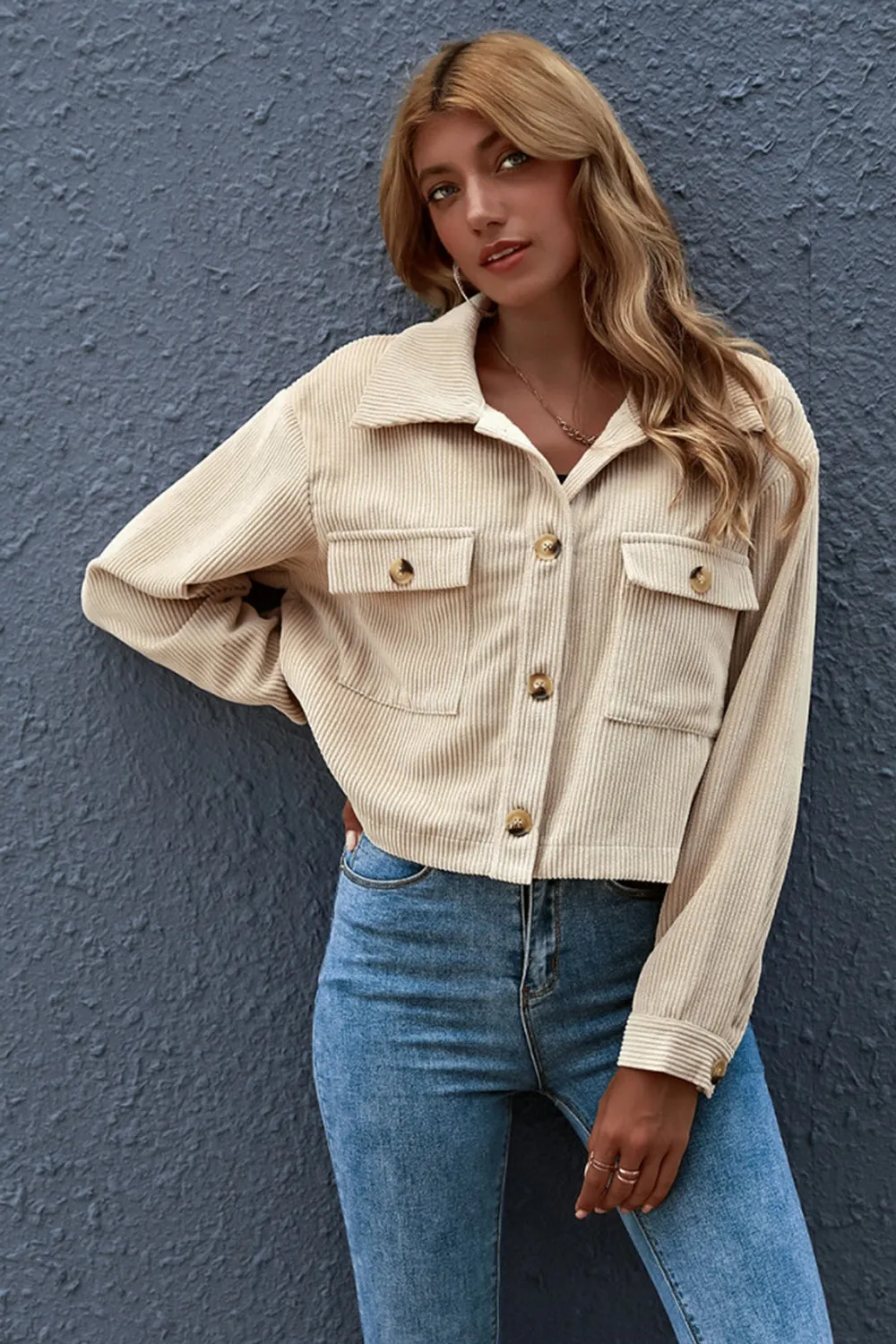 Corduroy Solid Color Button Pocket Shirt