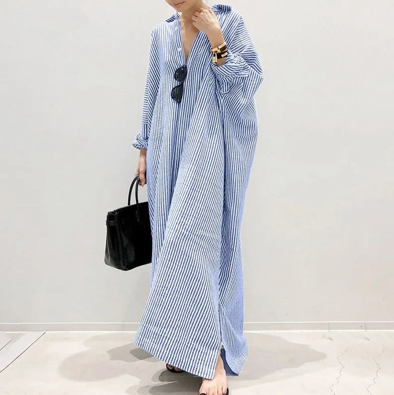 Cotton and linen striped cardigan loose size commuting irregular dress