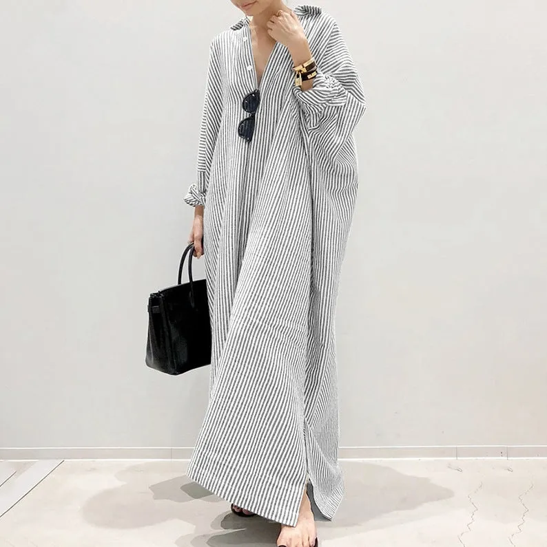 Cotton and linen striped cardigan loose size commuting irregular dress