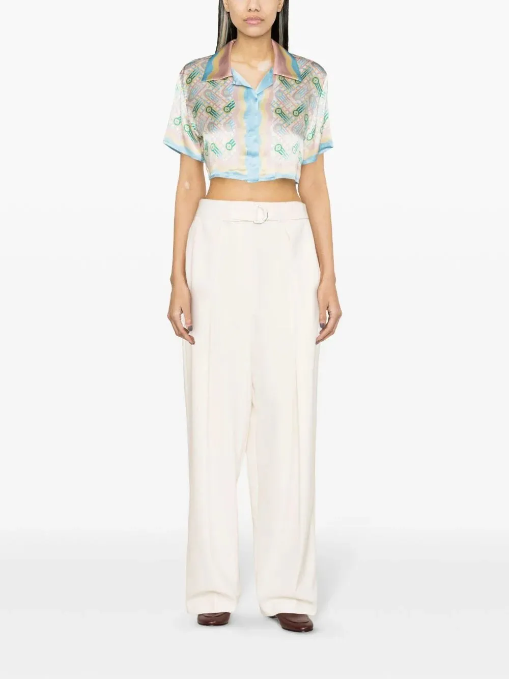 Cuban Collar Cropped Silk Blouse