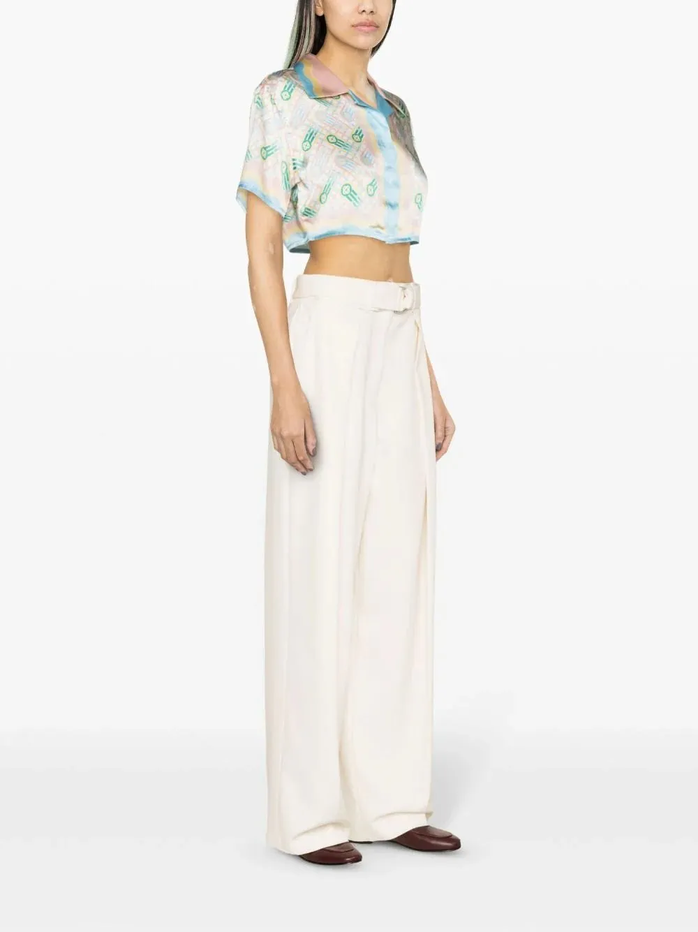 Cuban Collar Cropped Silk Blouse