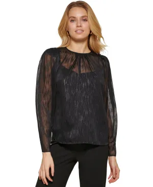 DKNY Women's Metallic Long Sleeve Blouse Black Size X-Small