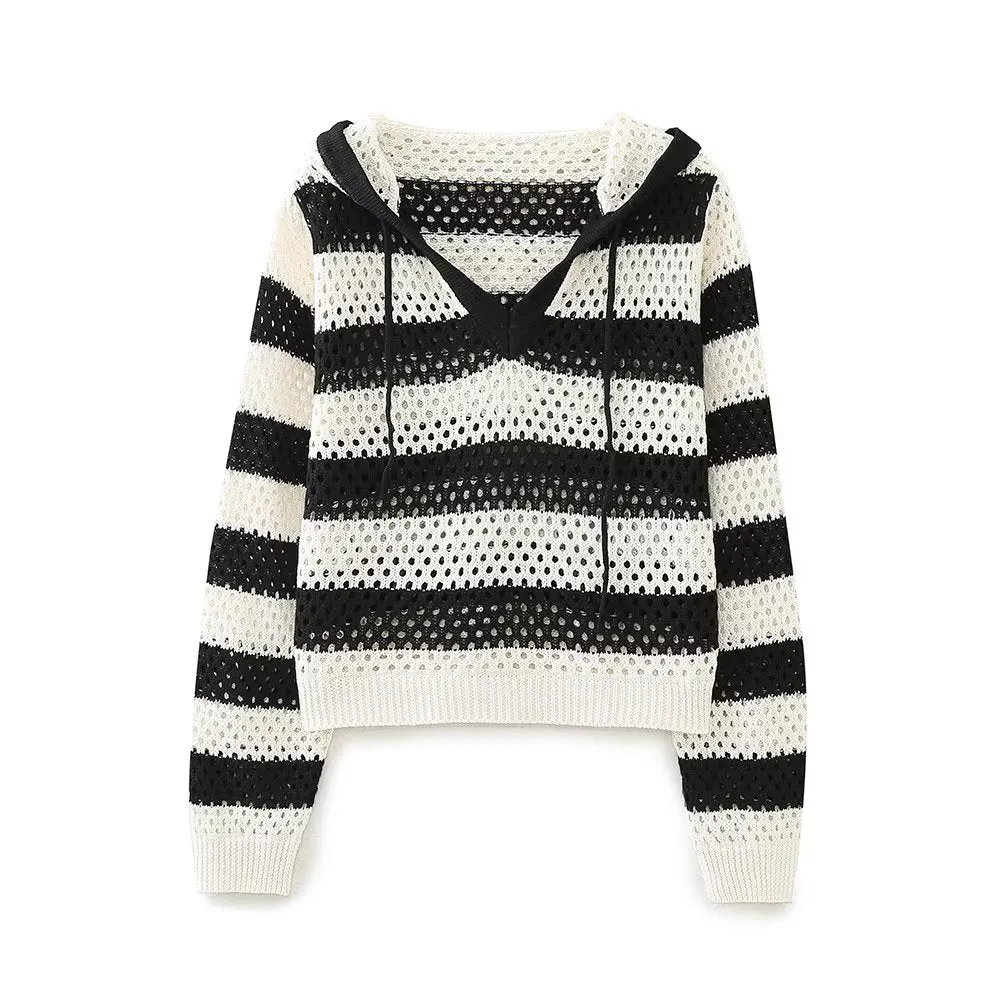 Early Autumn Retro Pullover V neck Loose Short Striped Hooded Sweater Top