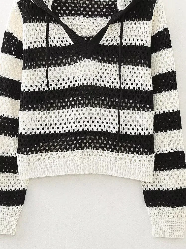 Early Autumn Retro Pullover V neck Loose Short Striped Hooded Sweater Top